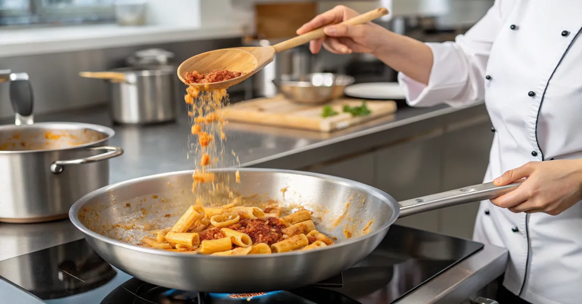 rigatoni-amatriciana-cooking-process Cooking rigatoni all'amatriciana sauce in pan