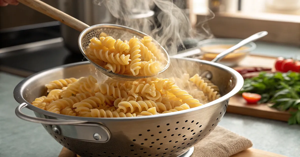 pasta-cooking-process-draining Cooked rotini pasta being drained in colander for creamy Italian pasta salad preparation