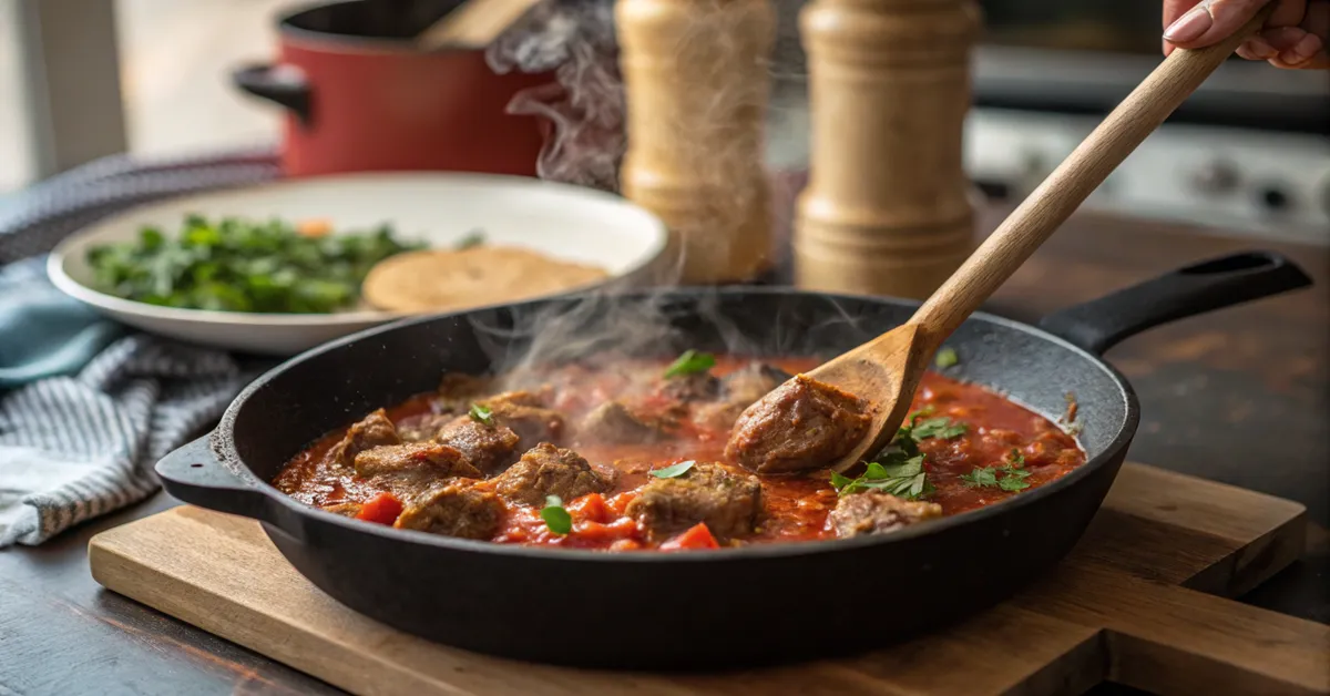 Cooking lamb shakshuka sauce in cast iron pan
