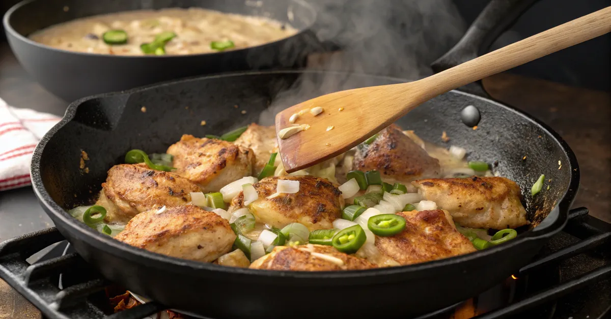 Cooking process showing browned chicken and vegetables in cast iron pan