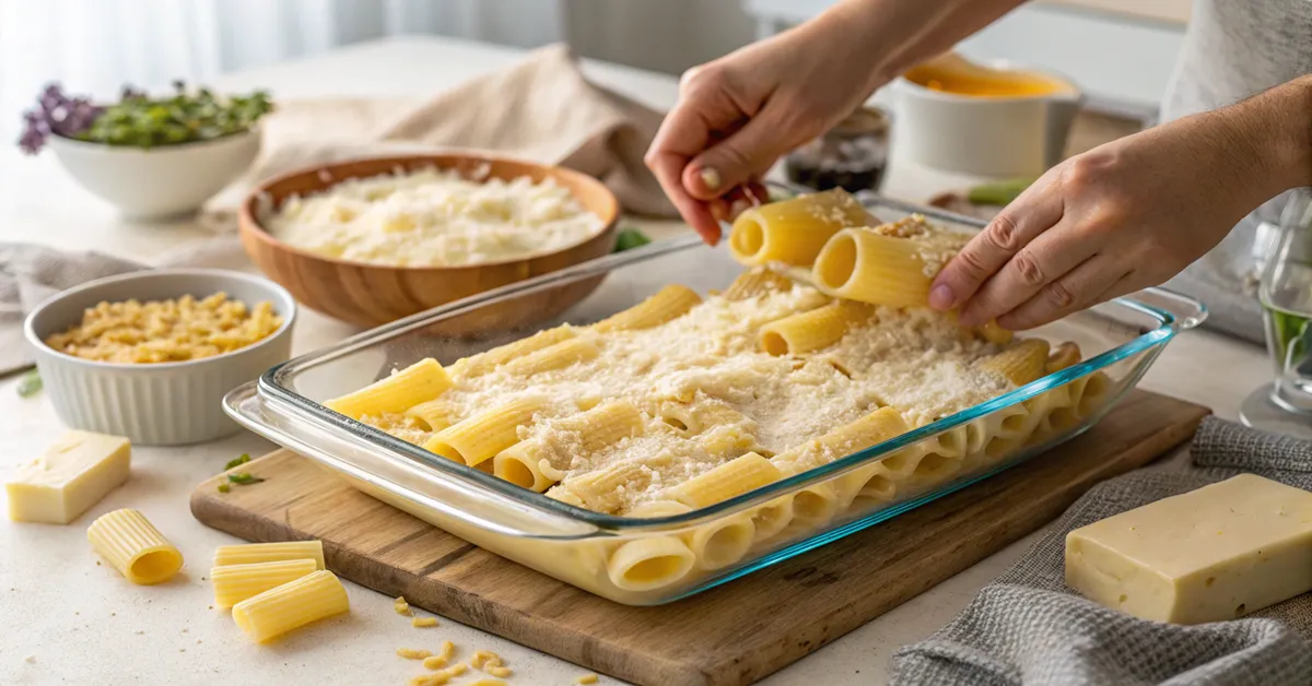  Hands assembling baked rigatoni(baked rigatoni without meat )  layers in glass baking dish