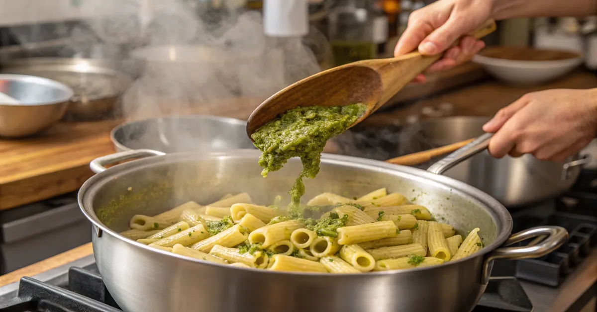 cooking-rigatoni-pesto-process Mixing hot rigatoni pasta with fresh pesto sauce in cooking pot