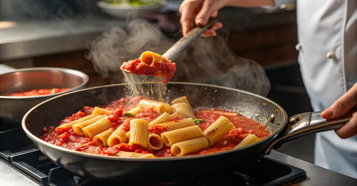 Tossing rigatoni pasta in fresh pomodoro sauce