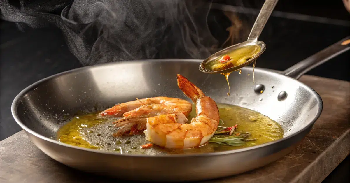 Golden seared shrimp cooking in olive oil showing proper technique