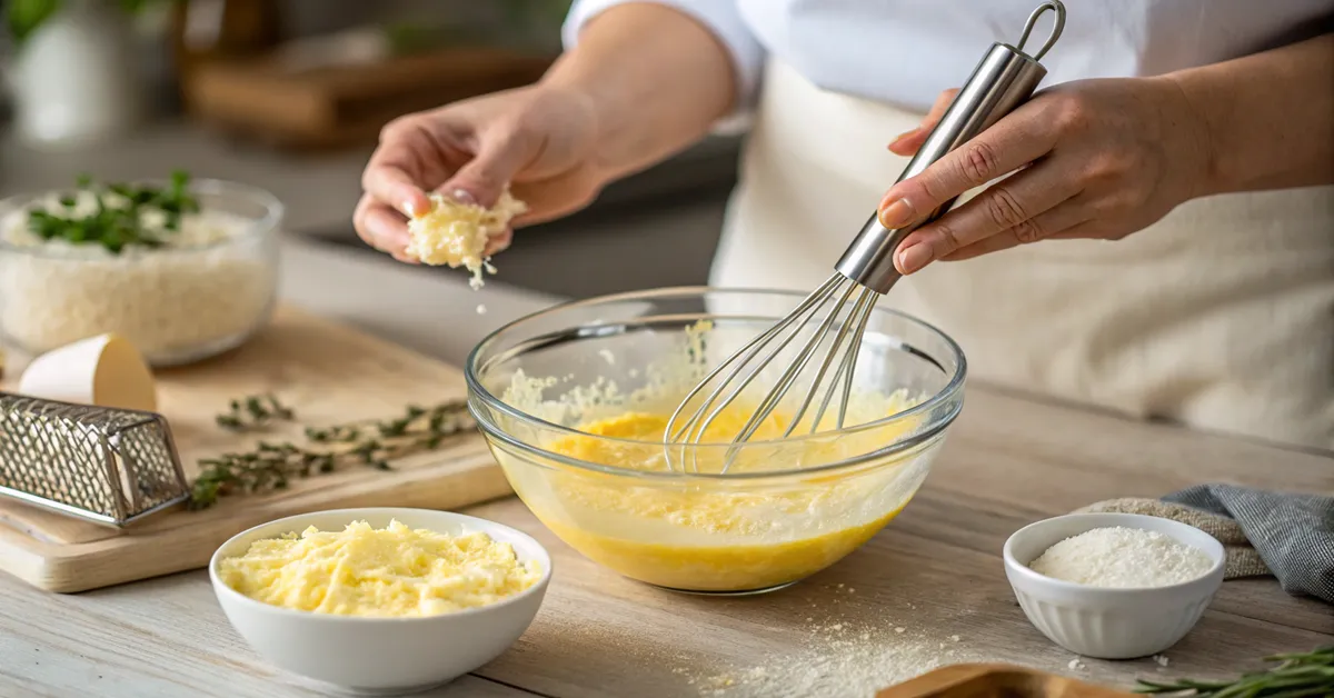 making-carbonara-sauce-process Whisking eggs and Pecorino Romano for carbonara sauce