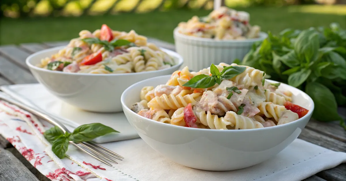 creamy-italian-pasta-salad-served-plated Plated servings of creamy Italian pasta salad garnished with fresh basil on white plates