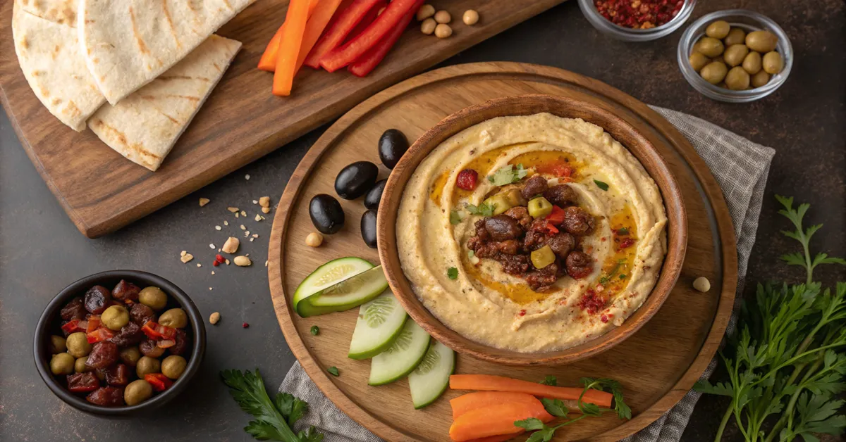 hummus-bil-lahme-mezze-table Hummus bil Lahme as part of a traditional Middle Eastern mezze