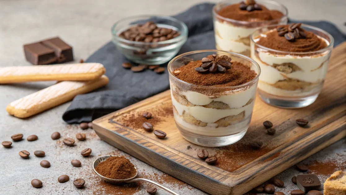 Individual servings of easy tiramisu recipe in glass cups dusted with cocoa