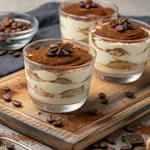 Individual servings of easy tiramisu recipe in glass cups dusted with cocoa