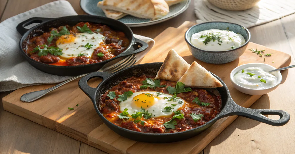 Plated lamb shakshuka ready to serve with pita bread