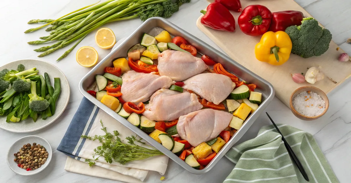 prepping-sheet-pan-chicken-thighs-and-veggies. Prepped sheet pan chicken thighs and veggies before roasting
