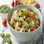 Orzo Pesto Pasta Salad with Fresh Basil and Cherry Tomatoes