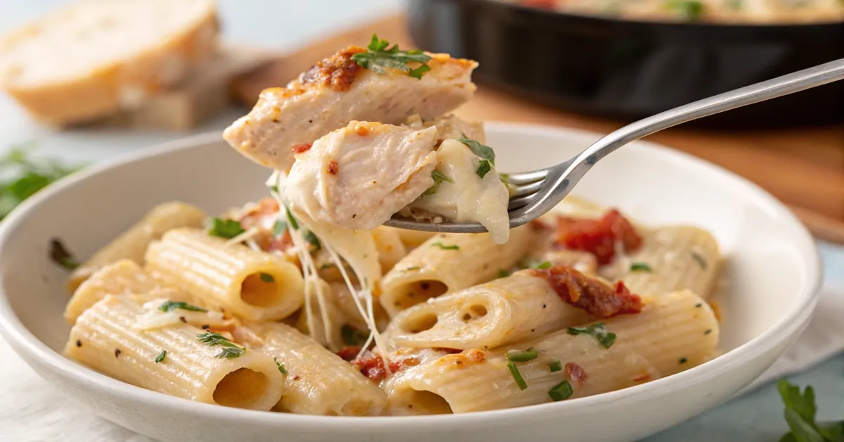 chicken-rigatoni-closeup-serving Close-up view of chicken rigatoni showing pasta and sauce