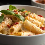 Homemade spicy rigatoni with Calabrian chilis and cream sauce