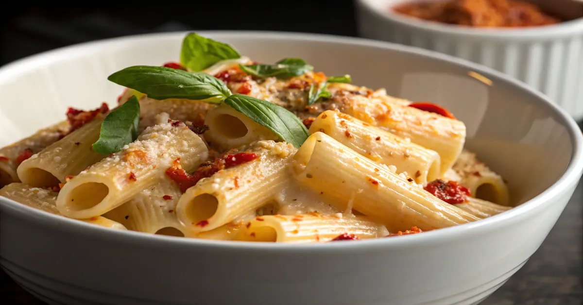 Homemade spicy rigatoni with Calabrian chilis and cream sauce
