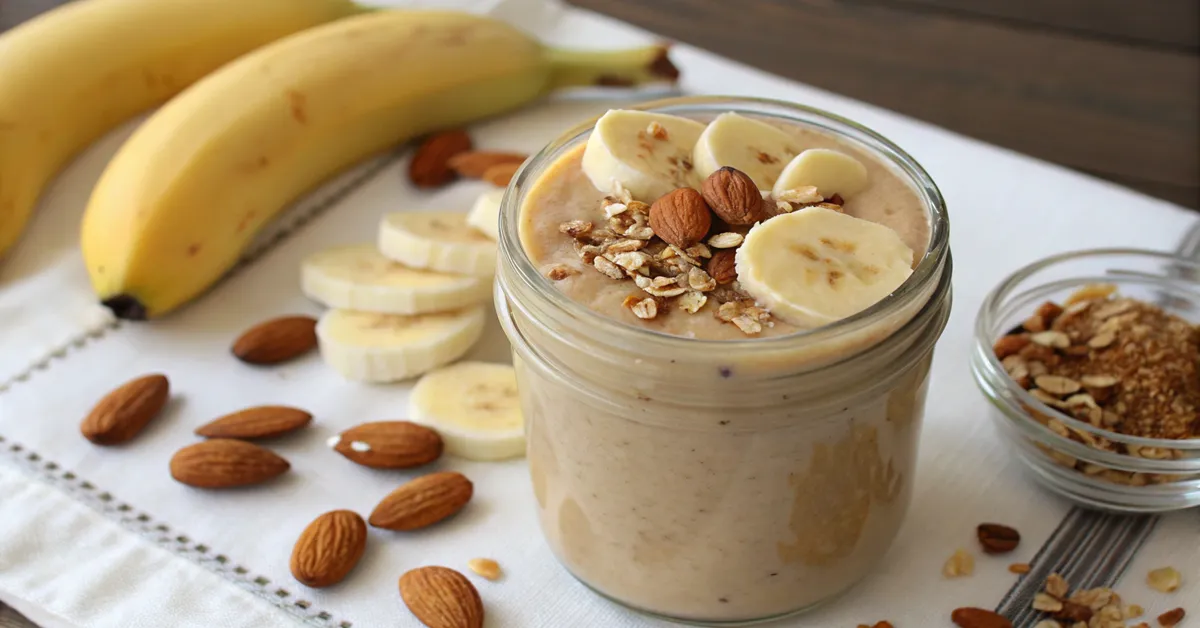 Gluten-free banana nut smoothie with almonds and banana slices