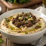 Authentic hummus basar topped with savory meat and pine nuts