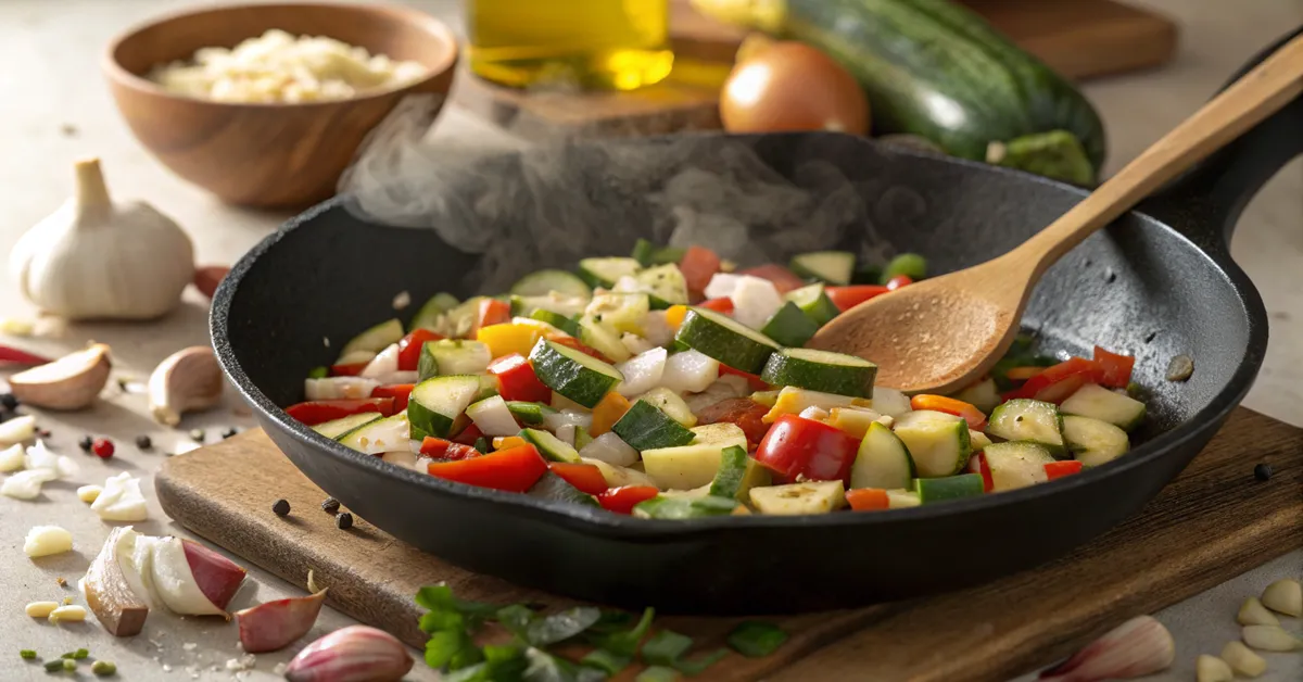 vegetable-spaghetti-cooking-process Sautéing vegetables in a skillet for vegetable spaghetti