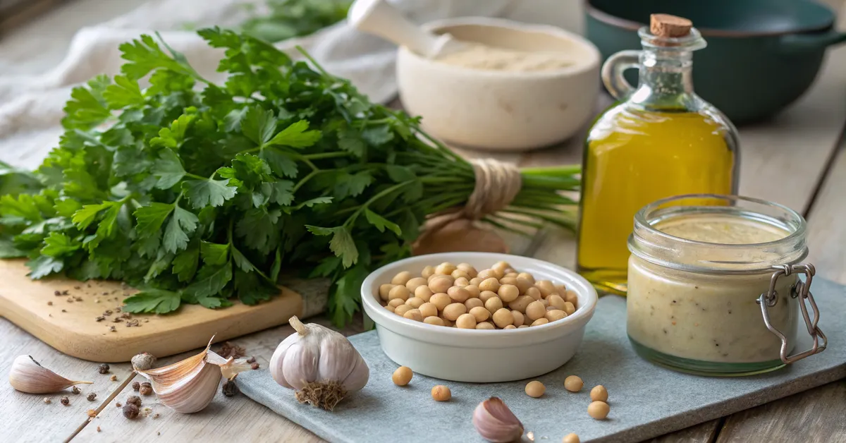 chimichurri-hummus-ingredients Ingredients for chimichurri hummus on a kitchen counter