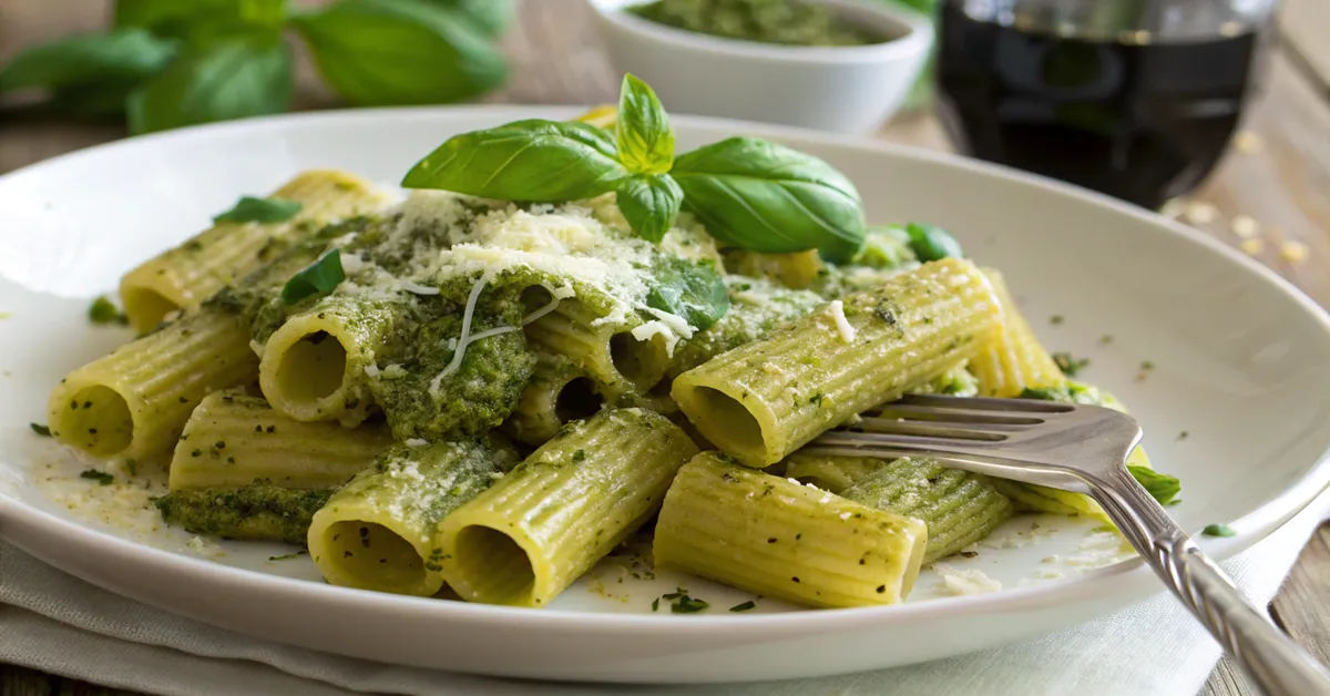 Delicious rigatoni pesto pasta with fresh basil and Parmesan cheese
