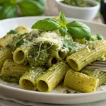 Delicious rigatoni pesto pasta with fresh basil and Parmesan cheese