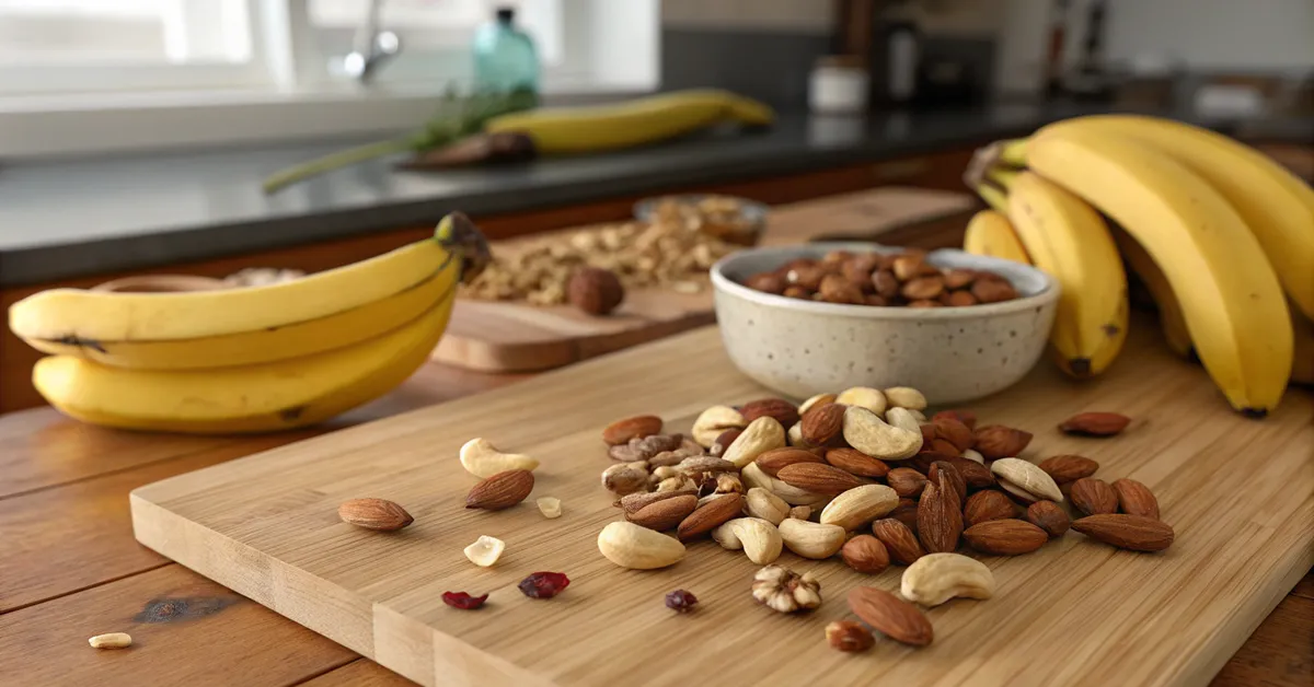 gluten-free-banana-nut-smoothie-ingredients Gluten-free raw nuts and bananas for banana nut smoothie