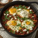 Lamb shakshuka recipe with poached eggs in cast iron skillet