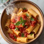 Rigatoni pomodoro pasta in ceramic bowl with fresh basil
