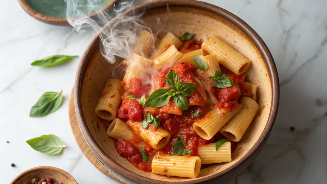 Rigatoni pomodoro pasta in ceramic bowl with fresh basil