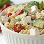 5 Easy Tricks for Perfect Creamy Italian Pasta Salad Every Time 2 Creamy Italian pasta salad with rotini, cherry tomatoes, mozzarella, and fresh herbs in white bowl
