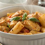 Spicy rigatoni chicken pasta in white bowl with creamy sauce and fresh basil garnish
