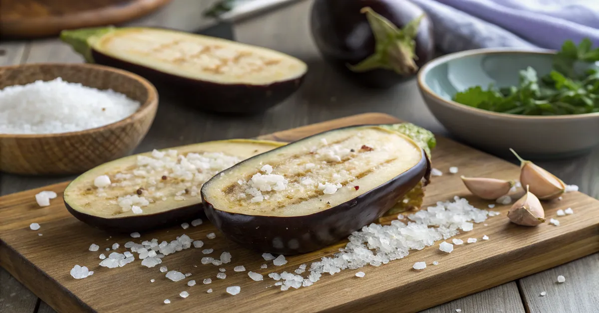 salting-eggplants-for-recipe Salting eggplants for stuffed eggplant recipe preparation