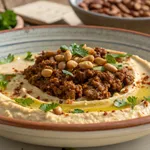 Hummus bil Lahme Recipe: Your Best Guide to Middle Eastern Flavors 2 Traditional Hummus bil Lahme with creamy chickpea base and spiced meat