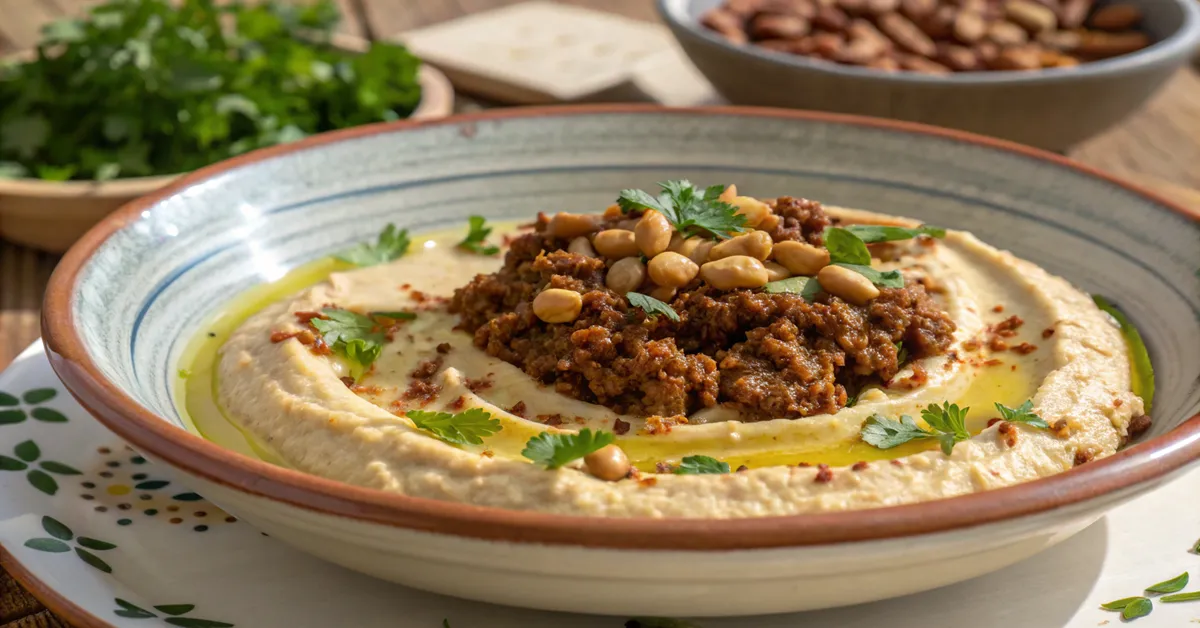 Traditional Hummus bil Lahme with creamy chickpea base and spiced meat