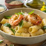 Rigatoni and shrimp pasta dish with fresh basil and Parmesan cheese in ceramic bowl