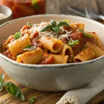 Mezzi rigatoni pasta with spicy tomato cream sauce and fresh basil