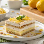 Perfect slice of homemade lemon tiramisu showing creamy layers and bright yellow lemon curd