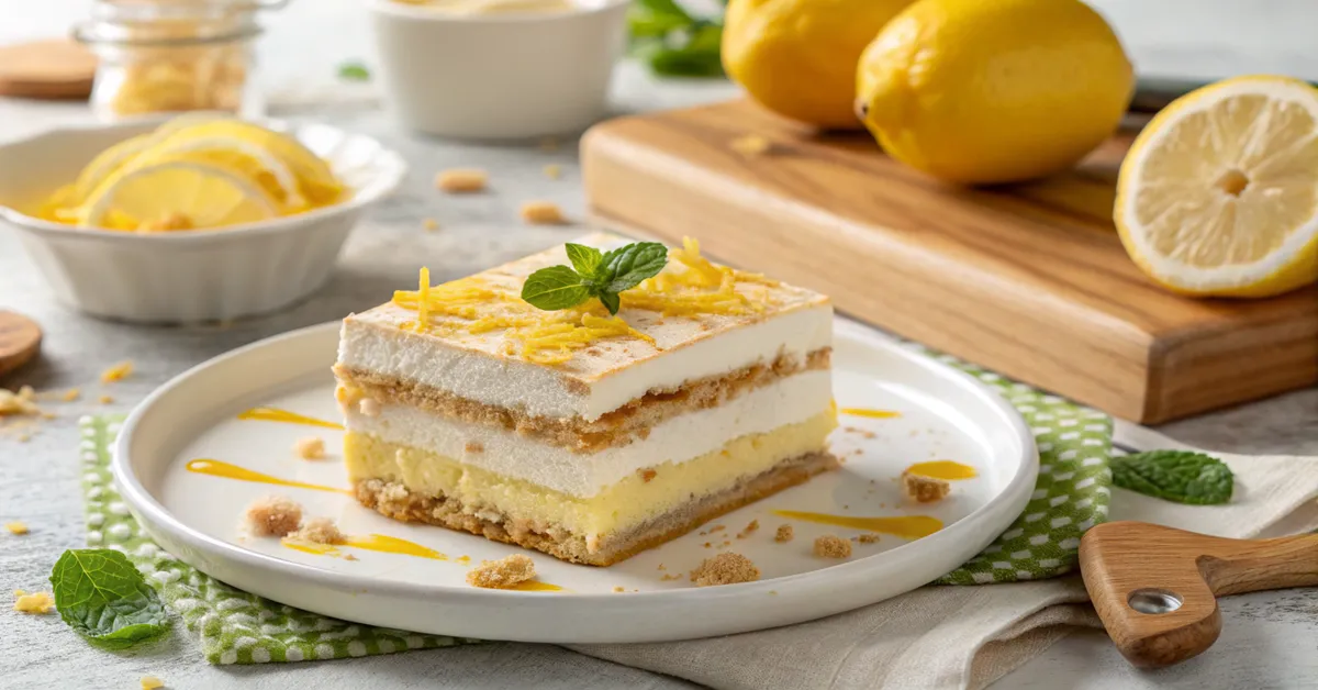 Perfect slice of homemade lemon tiramisu showing creamy layers and bright yellow lemon curd