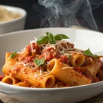 Authentic rigatoni all'amatriciana with turkey pancetta and tomato sauce