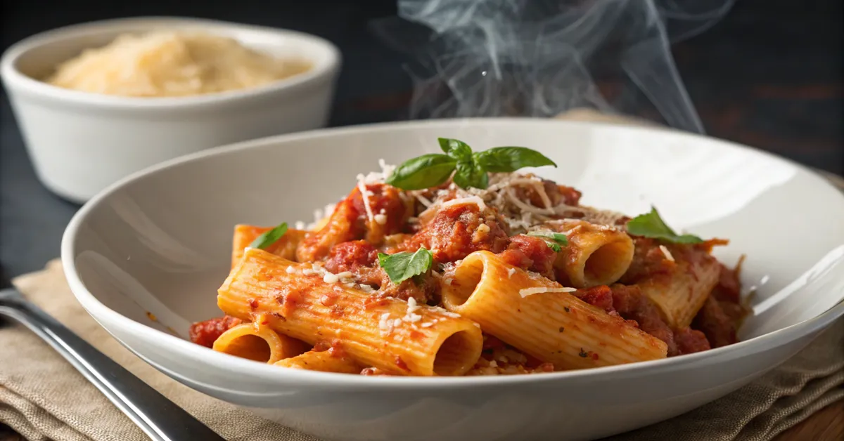 Authentic rigatoni all'amatriciana with turkey pancetta and tomato sauce