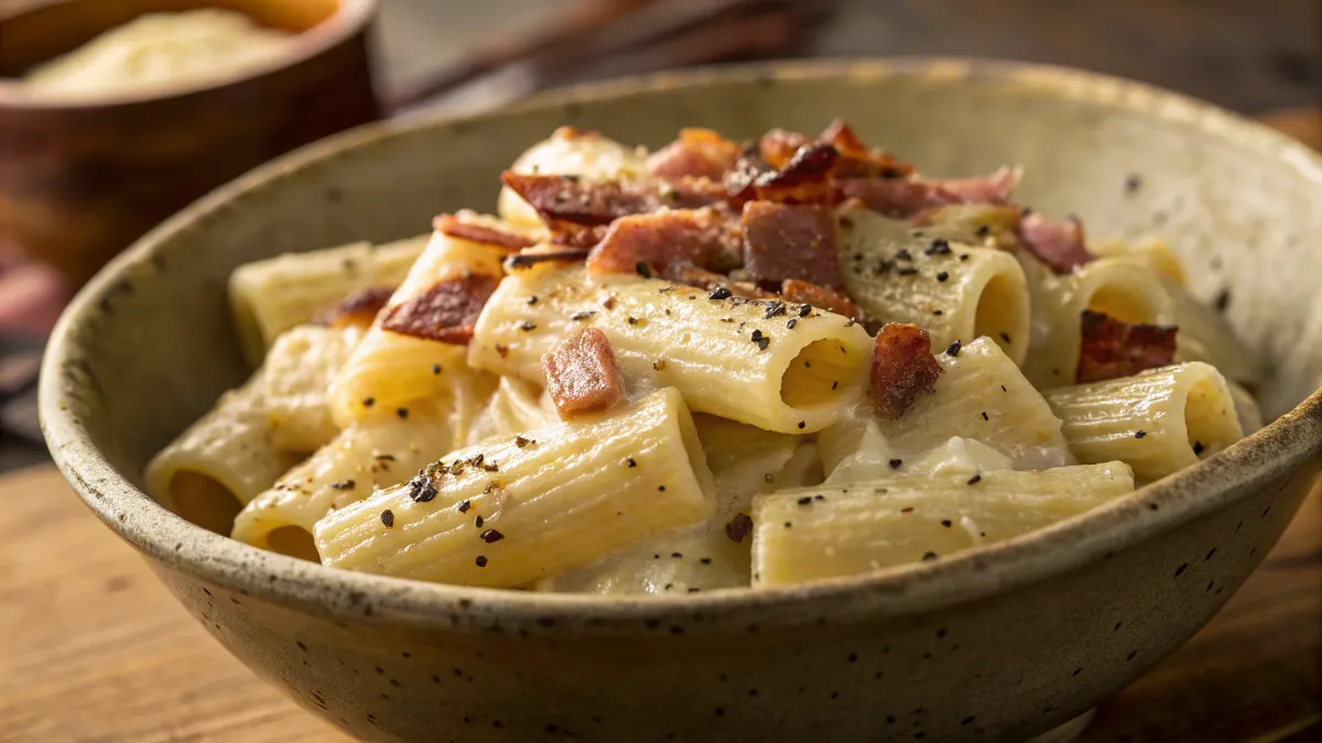 Authentic rigatoni carbonara with crispy guanciale and creamy egg sauce