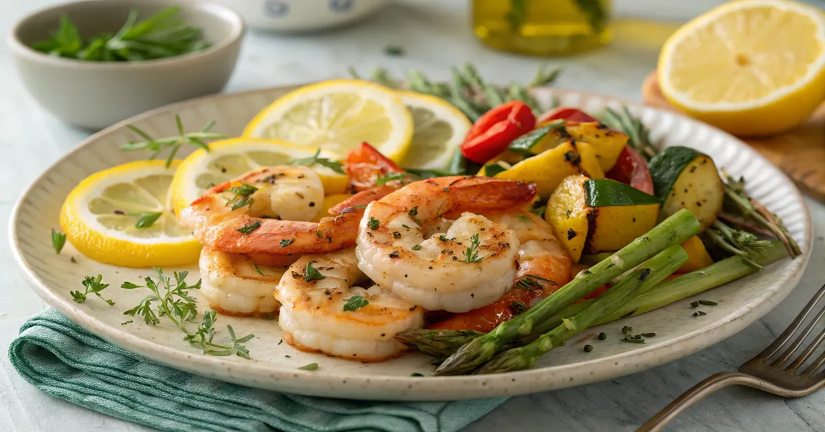 grilled-lemon-and-pepper-shrimp Grilled lemon and pepper shrimp with veggies