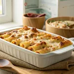 Homemade rigatoni stuffed pasta with bubbly melted cheese in white baking dish