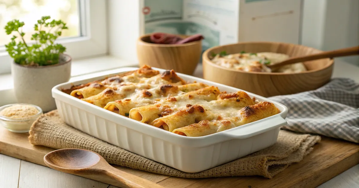 Homemade rigatoni stuffed pasta with bubbly melted cheese in white baking dish