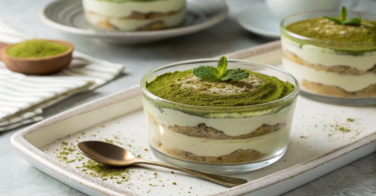 Individual serving of matcha tiramisu in glass ramekin showing perfect green and white layers