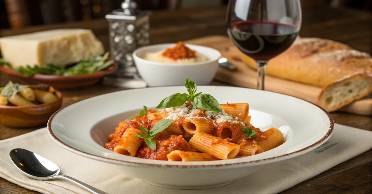rigatoni-amatriciana-final-plated-dish Beautifully plated rigatoni all'amatriciana dinner