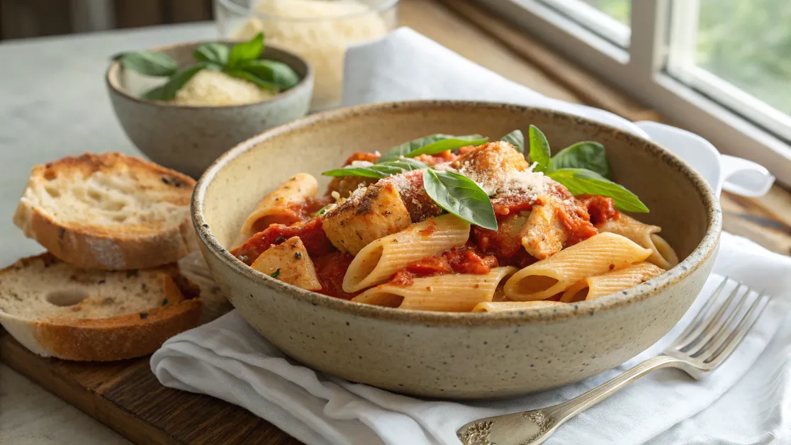 Elegantly plated spicy rigatoni chicken with basil garnish and bread
