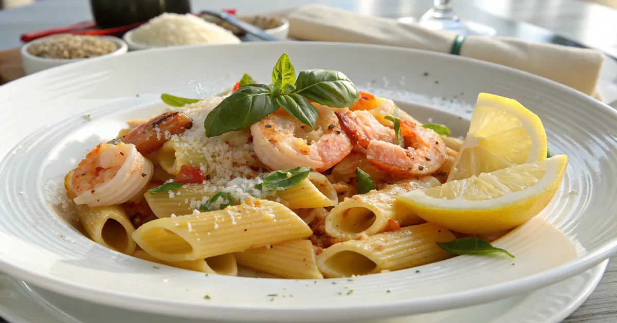 Finished rigatoni and shrimp dish plated with fresh herbs and lemon garnish