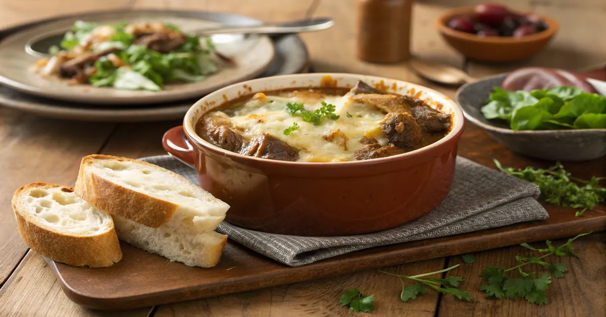 served-beef-french-onion-soup-casserole Served beef French onion soup casserole with fresh garnish