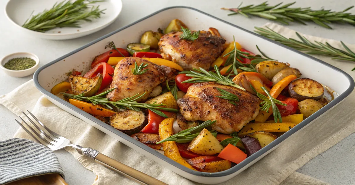 finished-sheet-pan-chicken-thighs-and-veggies-dish. Finished dish of sheet pan chicken thighs and veggies served